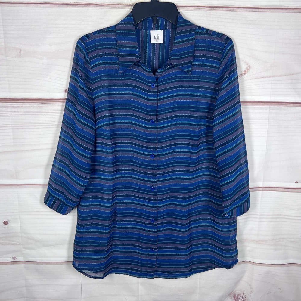 Cabi Button Down Shirt Womens Medium Blue Striped Sheer 3/4 Sleeve Split Back